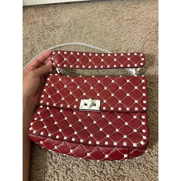 Valentino Rockstud Spike Red White Quilted Handle Shoulder chain Bag. - Picture 2 of 16
